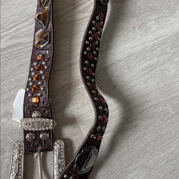 Brown Leather Belt with Silver Buckle and Amber Accents - Picture 4 of 5